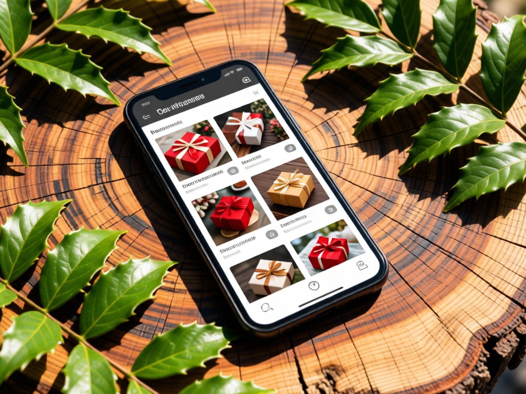 A smartphone displaying a gift portfolio on a weathered macrocarpa wood table. Native horopito leaves frame the device. Sunlight highlights the screen clarity. No people.