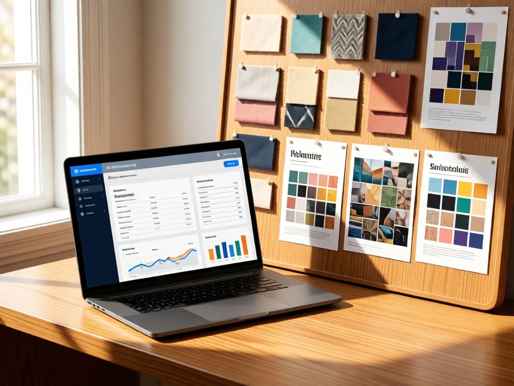 A sleek laptop showing a clean vendor management interface beside a curated mood board. Natural light illuminates pinned fabric samples and trend reports. Warm wood tones. No people.