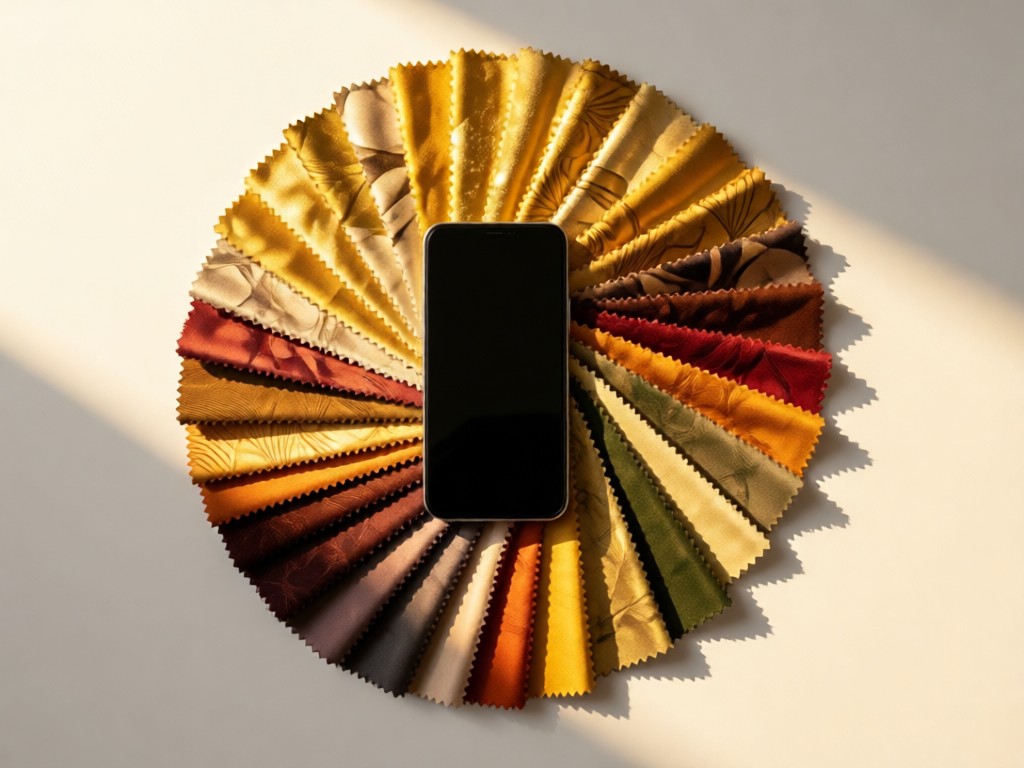 Overhead shot of heliotrope fabric swatches fanned around a smartphone. Golden light highlights textures linking physical and digital color work. Clean composition with breathing room. No people.