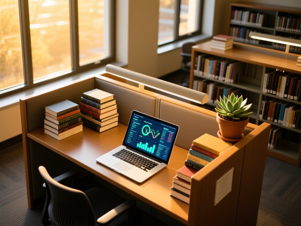 Aerial view of a library study carrel: laptop glowing with research data, surrounded by neatly stacked reference books and a potted succulent. Golden hour light streams through tall windows. No people.