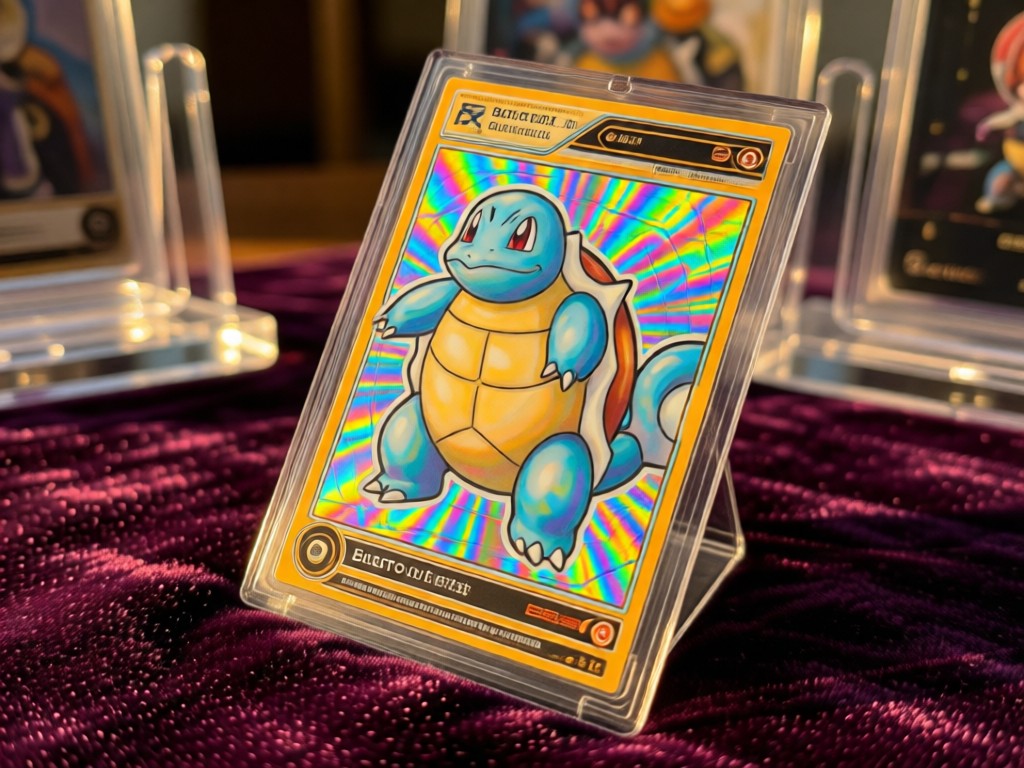 Close-up of a PSA-graded holographic Blastoise card angled on a velvet surface. Golden hour light highlights the holographic pattern. Background features blurred acrylic card stands.