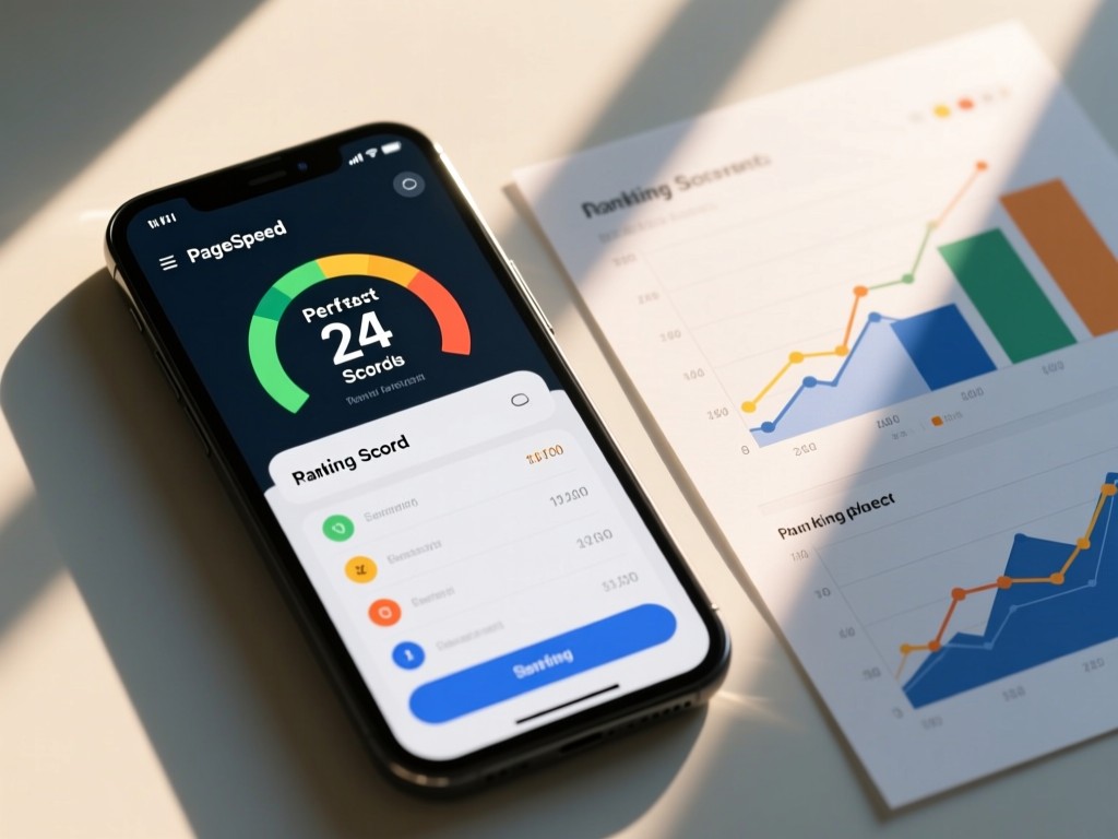 A smartphone displaying a perfect PageSpeed score beside ranking graphs. Sunlight streams across the screen. Crisp and technical aesthetic. No people.