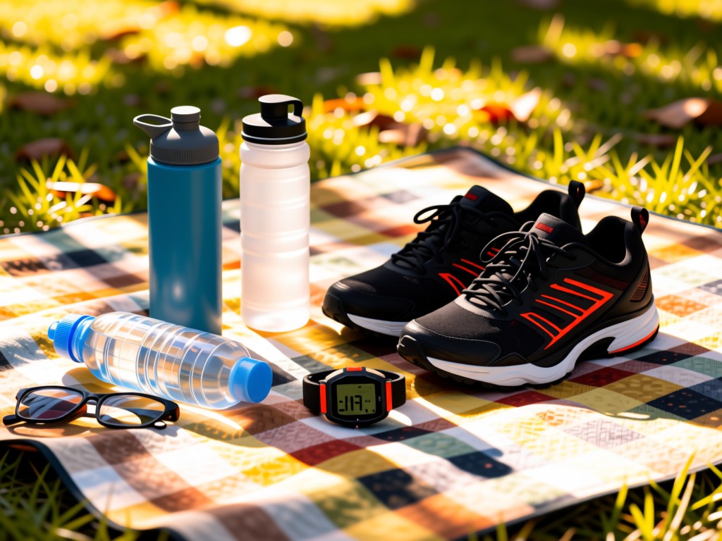 A curated arrangement of running gear on a picnic blanket in dappled sunlight. Shoes, water bottles, and GPS watch form a cohesive display. Warm natural tones. No people.