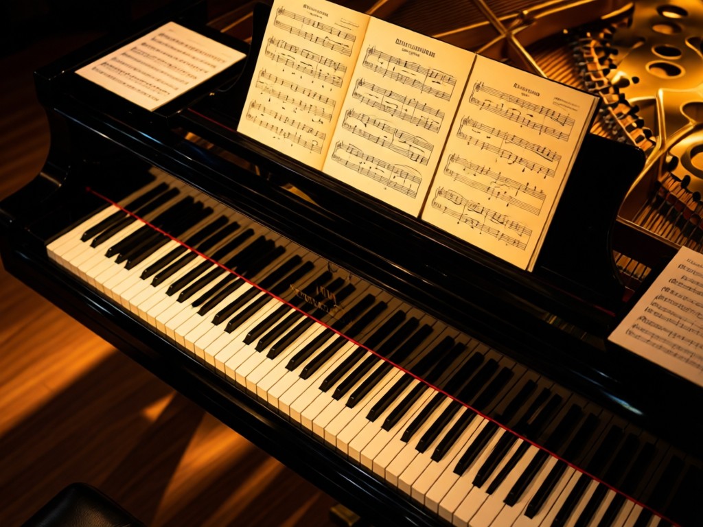 Overhead shot of piano keys illuminated by warm stage lights, with sheet music arranged in artistic patterns on the fallboard. Soft shadows create depth on the ivory surface. No people.