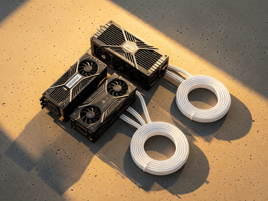 Overhead shot of premium GPU boxes artfully arranged beside coiled white cables on a concrete surface. Golden hour light creates long shadows. Clean composition with breathing room. No people.