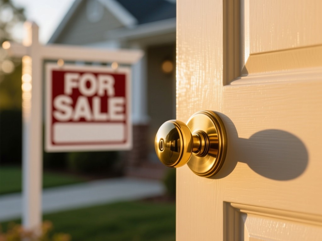 A perfectly staged front door with a polished brass knob in golden hour light. A 'For Sale' sign stands blurred in the bokeh background. Symbolizes accessibility and opportunity. Clean composition, no people.
