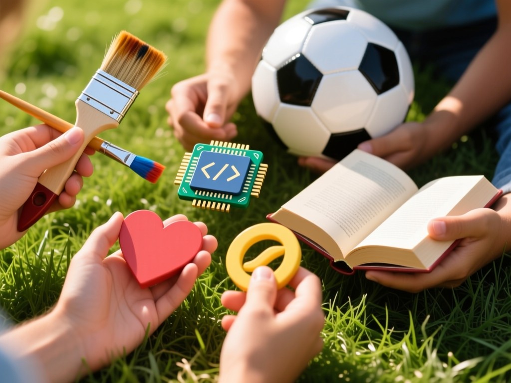 A close-up of hands holding various symbols of teen passions - a paintbrush, coding chip, soccer ball, and book - arranged in sunlight on grass. No people.