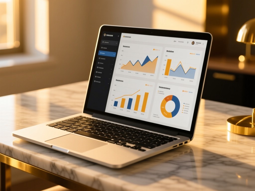 A sleek laptop on a marble desk during golden hour, screen showing organized financial charts and reports, warm sunlight highlighting gold accents, shallow depth of field, minimalist finance aesthetic.