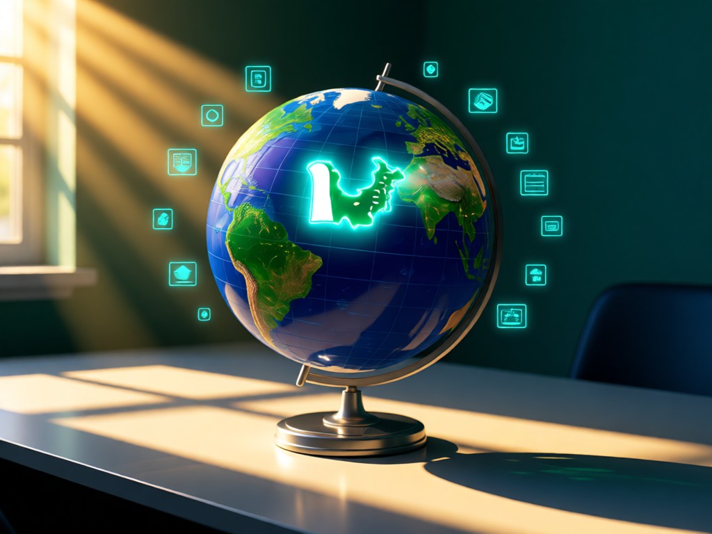 A globe with Pakistan highlighted, surrounded by floating digital icons. Warm sunlight creates long shadows on a minimalist desk. Rich emerald and sapphire color tones. No people.