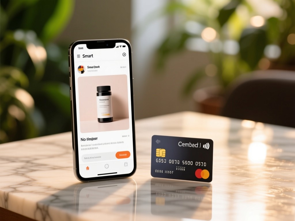 Smartphone showing a product page beside a credit card on marble surface. Warm light creates gentle reflections. Blurred greenery in background. No people.