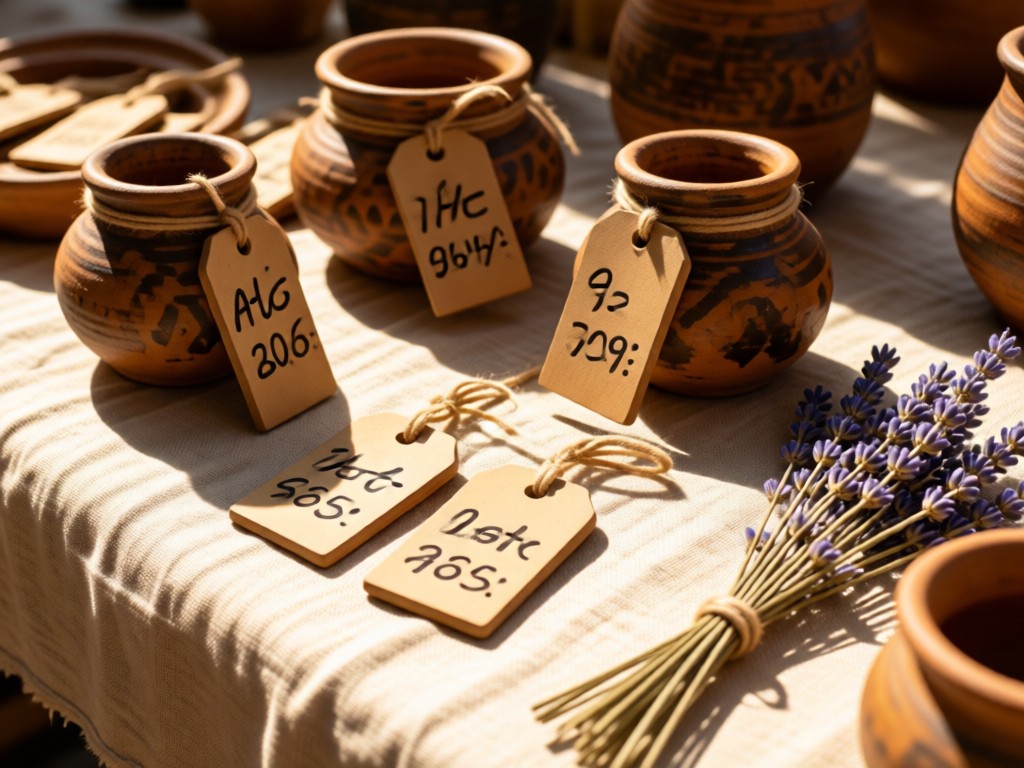 Artisan-crafted clay tags with handwritten prices tied to primitive pottery. Arranged on a sunlit linen cloth with dried lavender sprigs. Warm, inviting marketplace aesthetic. No people.