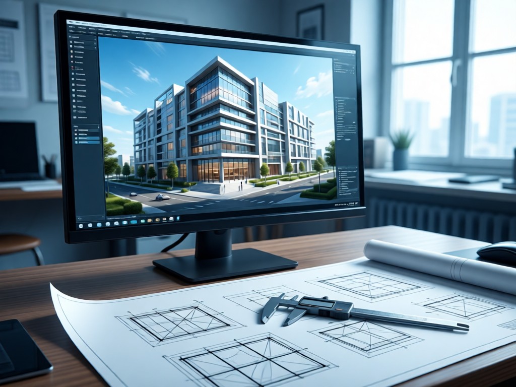 A sleek monitor displaying a photorealistic architectural visualization. Beside it, precision calipers rest on drafting paper with geometric sketches. Cool daylight illuminates the technical workspace. No people.
