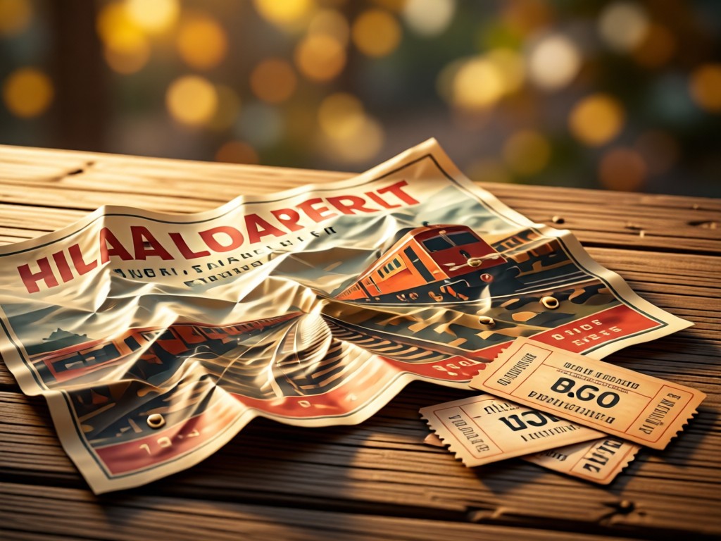A crumpled tour poster next to vintage train tickets on weathered wood. Warm light highlights creases and staples. Soft bokeh background. No people.