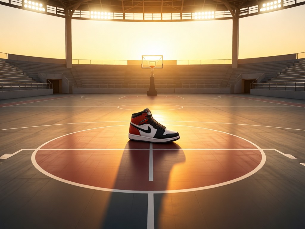 Aerial view of a single basketball shoe centered on an empty basketball court under golden hour. Clean lines and symmetry symbolize focus. Stadium lights create soft glow. No people.