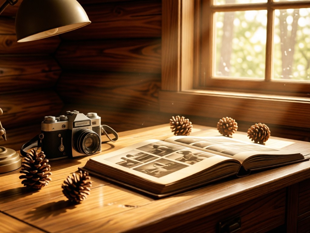 Vintage film camera on wooden lodge desk with scattered pinecones. Warm sunlight streams through window onto open photo album. No people.