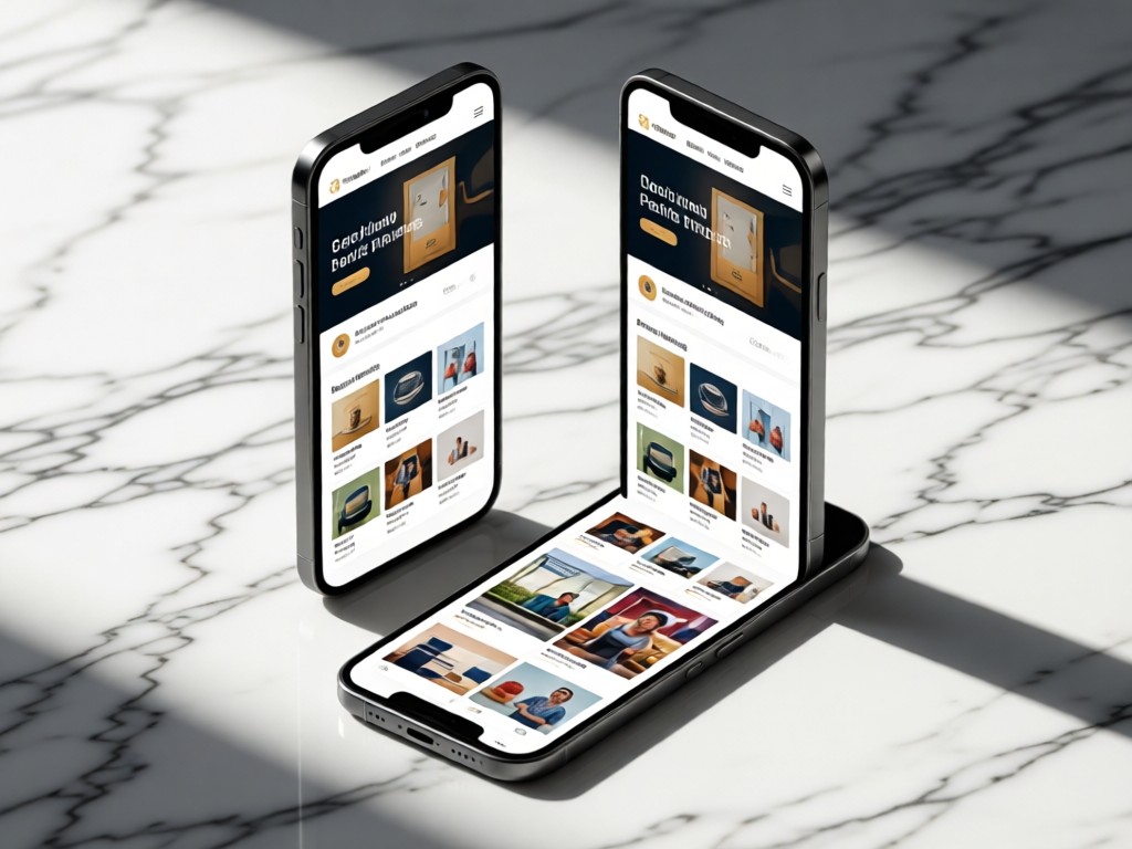 Three modern smartphones showing the same portfolio website at different angles on a marble surface. Soft shadows emphasize depth. No people.