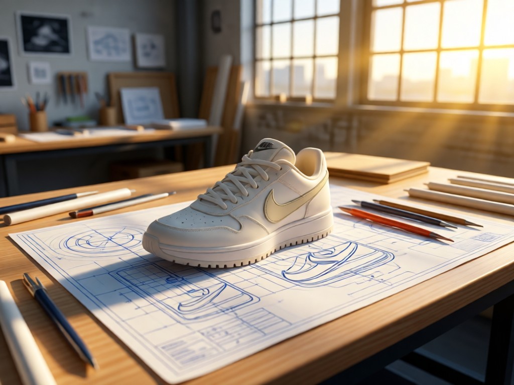 Aerial view of a single Nike sneaker prototype on a blueprint. Clean workshop table with drafting tools in soft focus. Golden sunlight streaming through industrial windows. No people.