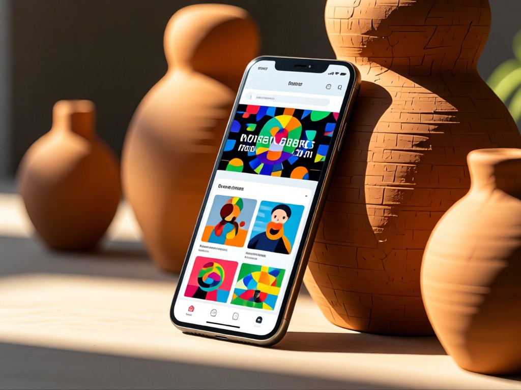 A smartphone leaning against clay sculptures, showing a vibrant portfolio. Sunlight highlights textures. Shallow depth of field. No people.