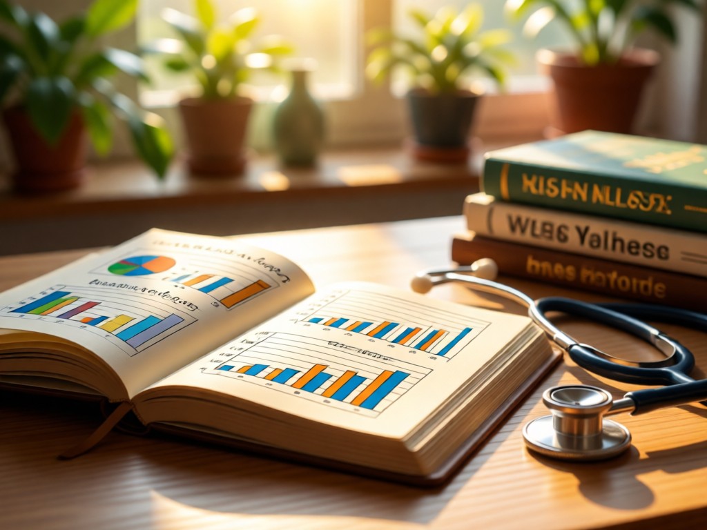 An open journal showing progress charts beside a stethoscope on a desk. Warm sunlight illuminates handwritten notes. Blurred background of plants and wellness books. No people.