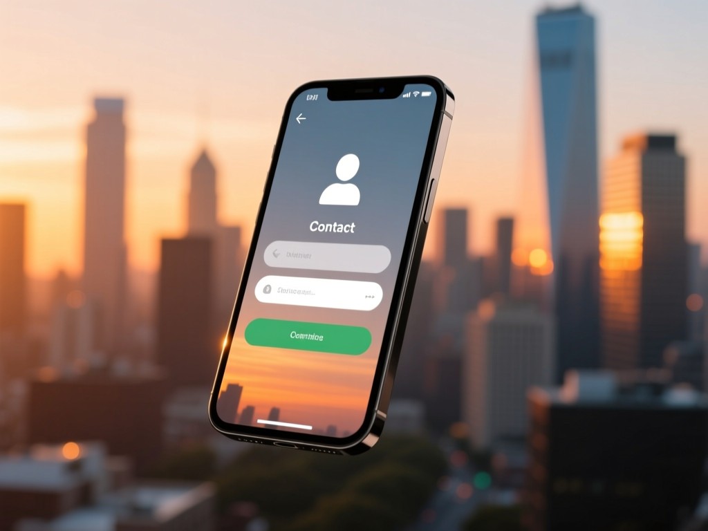 A smartphone showing a simple contact form floating above a blurred city skyline. Warm sunset hues reflect on the screen. Clean composition with digital and urban elements. No people.