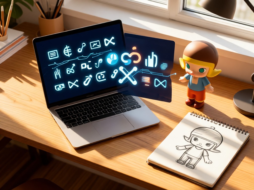 Overhead shot of a curated desk with laptop showing link icons, beside a PopMart figure and sketchbook. Warm sunlight highlights the connection between digital and physical creations. Clean composition. No people.