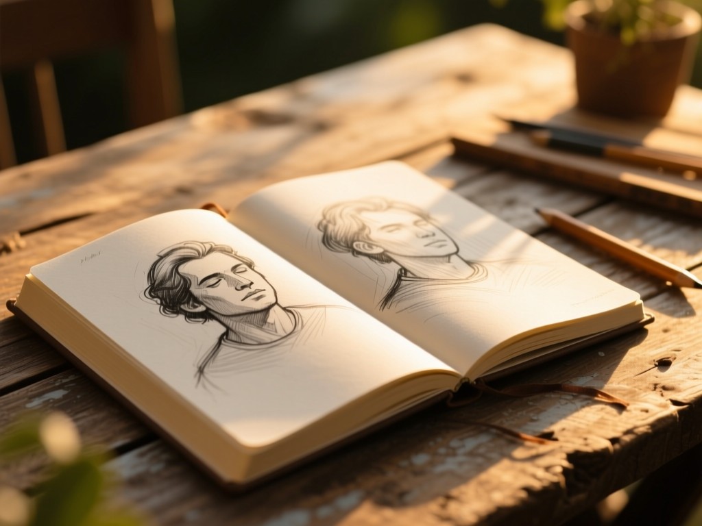 An open sketchbook with pencil drawings on rustic table during golden hour, soft sunlight on pages, shallow depth of field, warm creative atmosphere, no text visible.