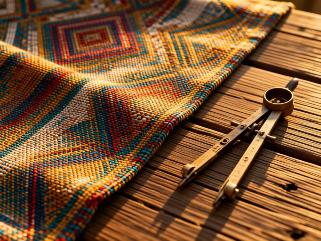 Close-up of woven fabric with geometric patterns on a rustic wooden table. Golden hour light emphasizes texture and color depth. A vintage drafting compass lies nearby. No people.