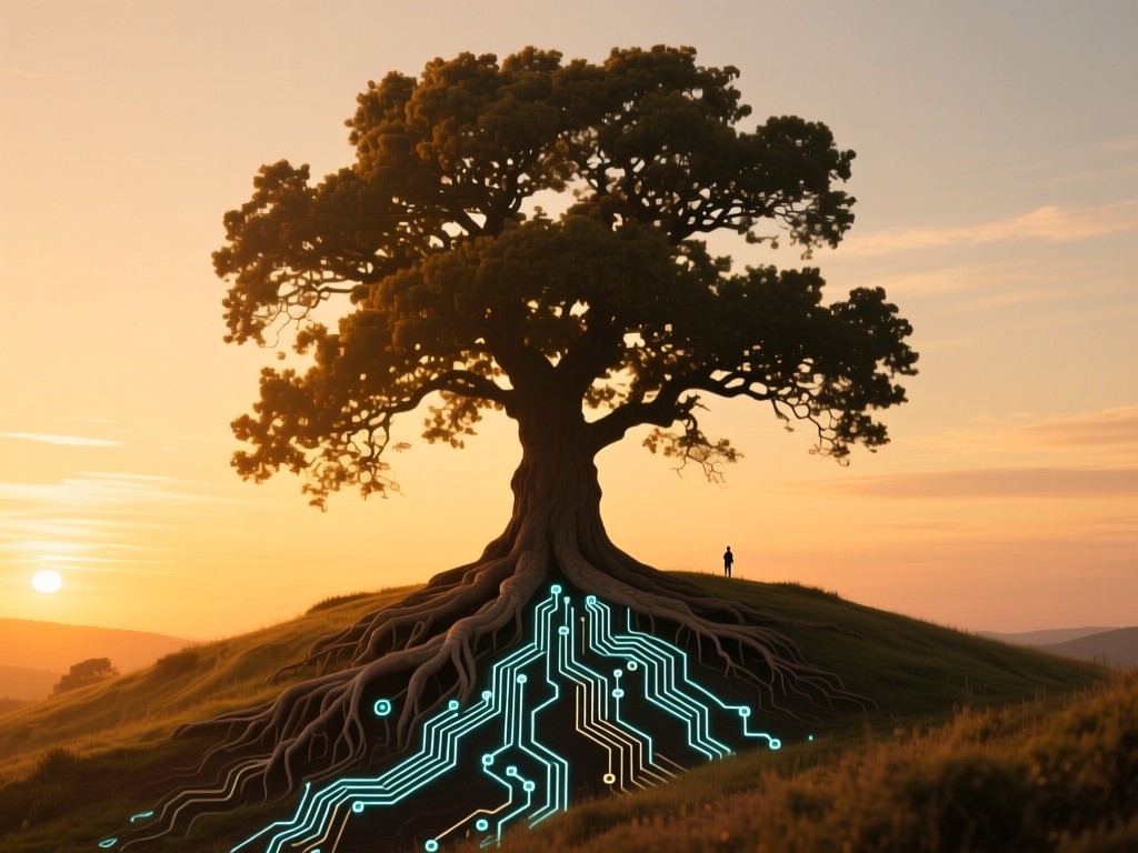 A single majestic oak tree on a hill at golden hour, roots extending like circuit boards into the earth, symbolizing organic growth and tech fusion. Warm sunset palette, no people.