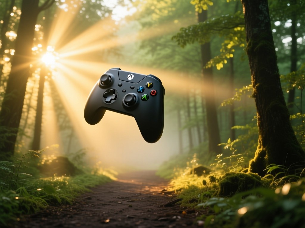 A controller floating in a sunbeam over a misty forest path during golden hour, light rays piercing through trees, warm green and gold tones, ethereal atmosphere conveying discovery.
