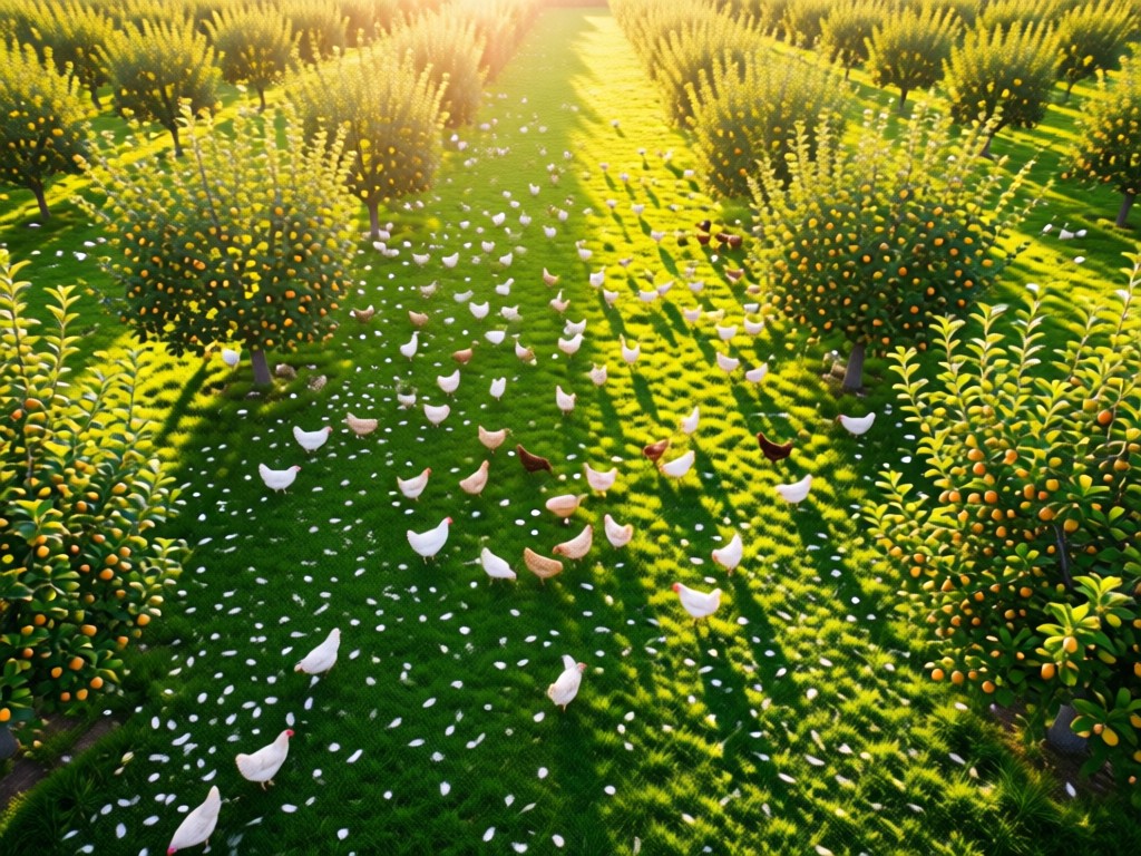 Aerial view of free-range chickens foraging in sun-dappled orchard. Vibrant green grass with specks of white feathers. Represents natural abundance and transparency. Golden hour lighting. No people.