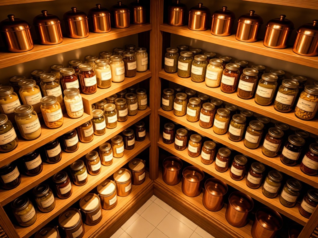 Aerial view of a perfectly organized pantry with labeled glass jars aligned in golden sunlight. Wooden shelves and copper containers create warm tones. Symbolizes order and accessibility. No people.