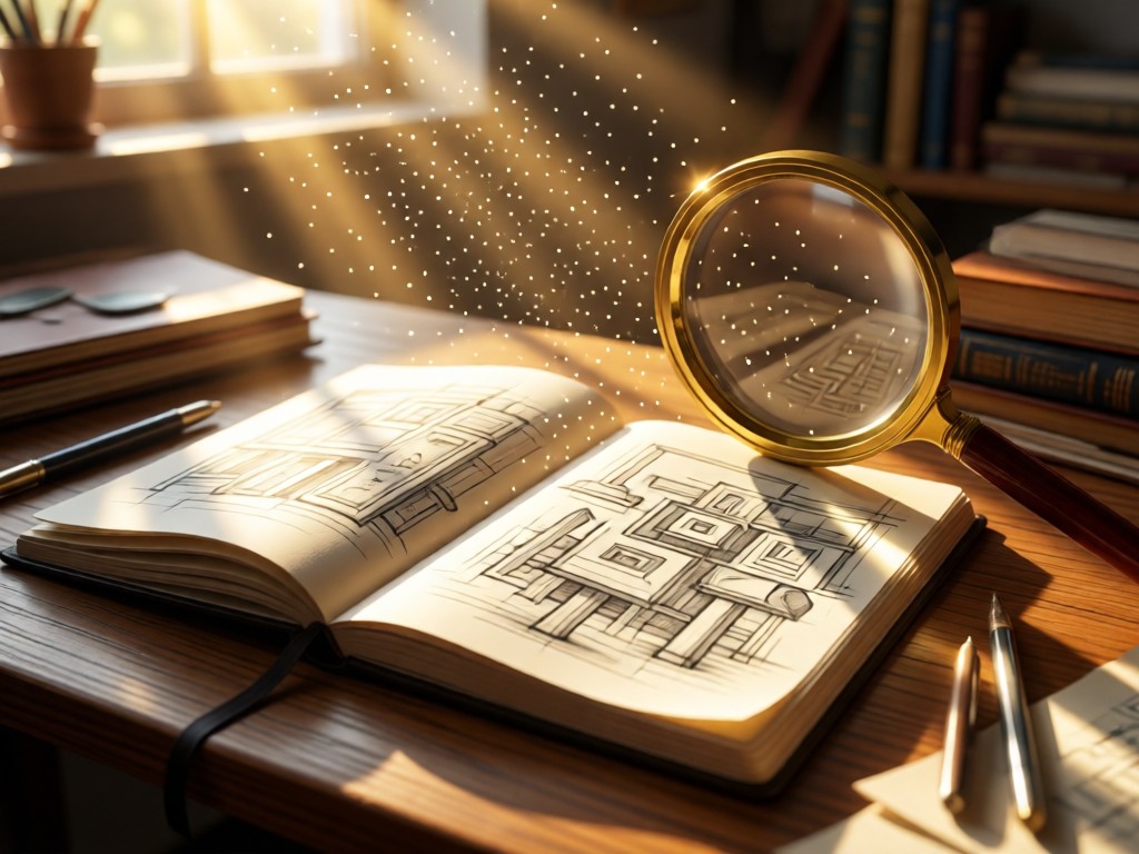 An open sketchbook showing intricate pencil drawings beside a magnifying glass on a sunlit desk. Dust particles float in warm light beams.