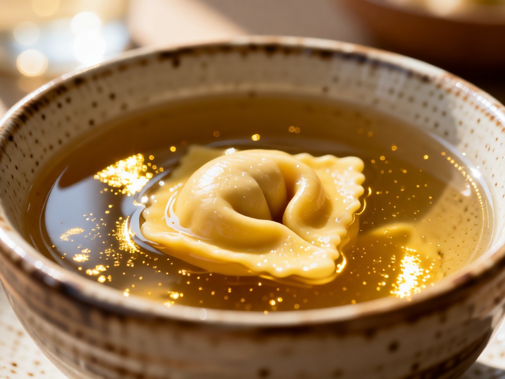 A single perfect tortellino floating in clear broth inside a handmade ceramic bowl. Sunlight creates liquid gold reflections. Shallow focus on the pasta with soft bokeh background. No utensils or people.