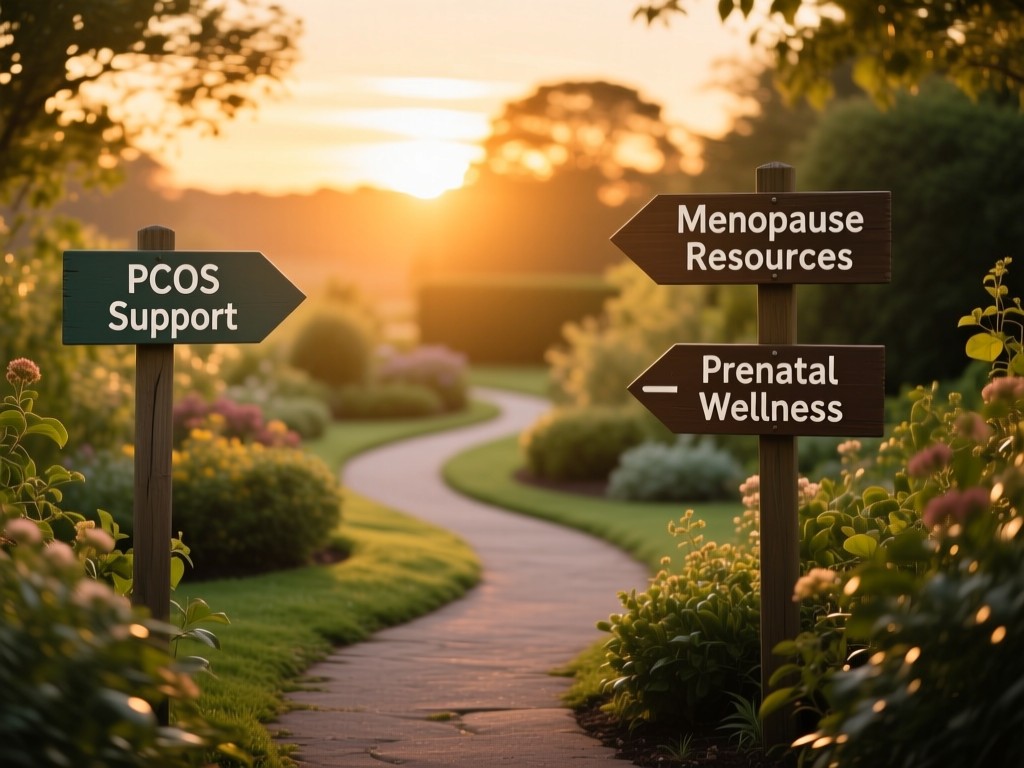 A winding garden path at sunset with signposts labeled 'PCOS Support', 'Menopause Resources', and 'Prenatal Wellness', golden light, soft focus background, symbolic of guided discovery.