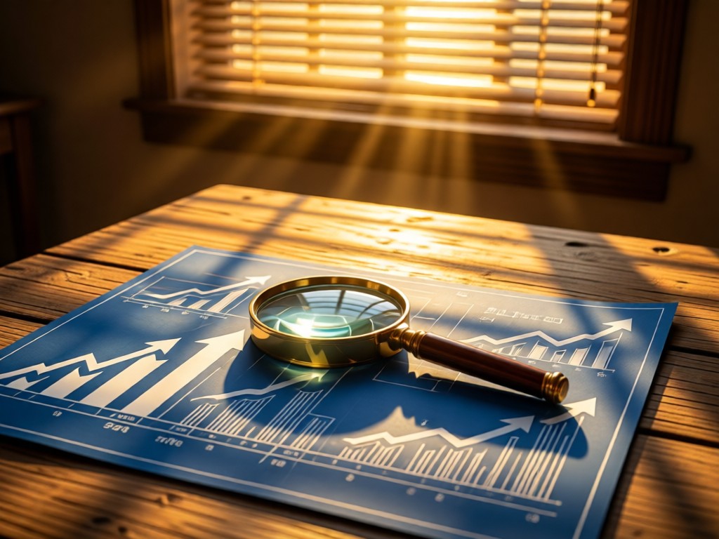 Magnifying glass resting on blueprint designs with upward-trending arrows. Golden hour light streams through window blinds onto a rustic table. Warm, hopeful atmosphere. No people.