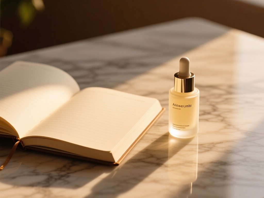 An open journal beside a minimal serum bottle on a marble surface, golden hour light casting soft shadows, shallow focus, warm earthy tones, no visible text.