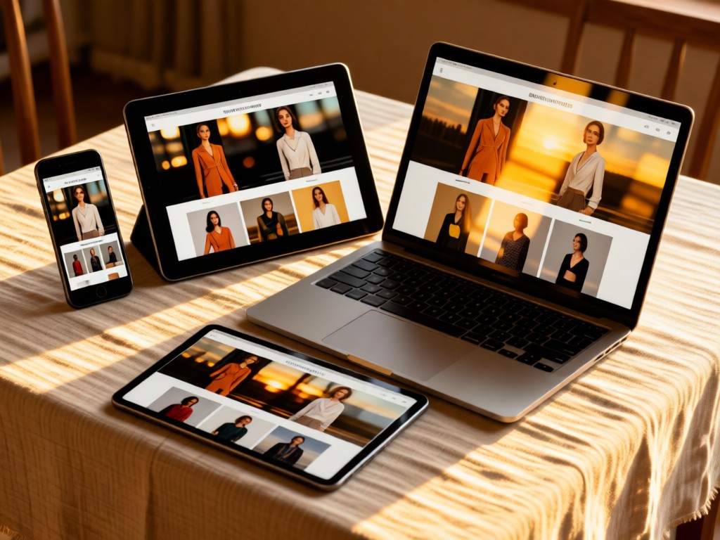 Three devices (phone, tablet, laptop) displaying the same fashion portfolio on a linen tablecloth. Golden hour light creates warm reflections on screens. No people.