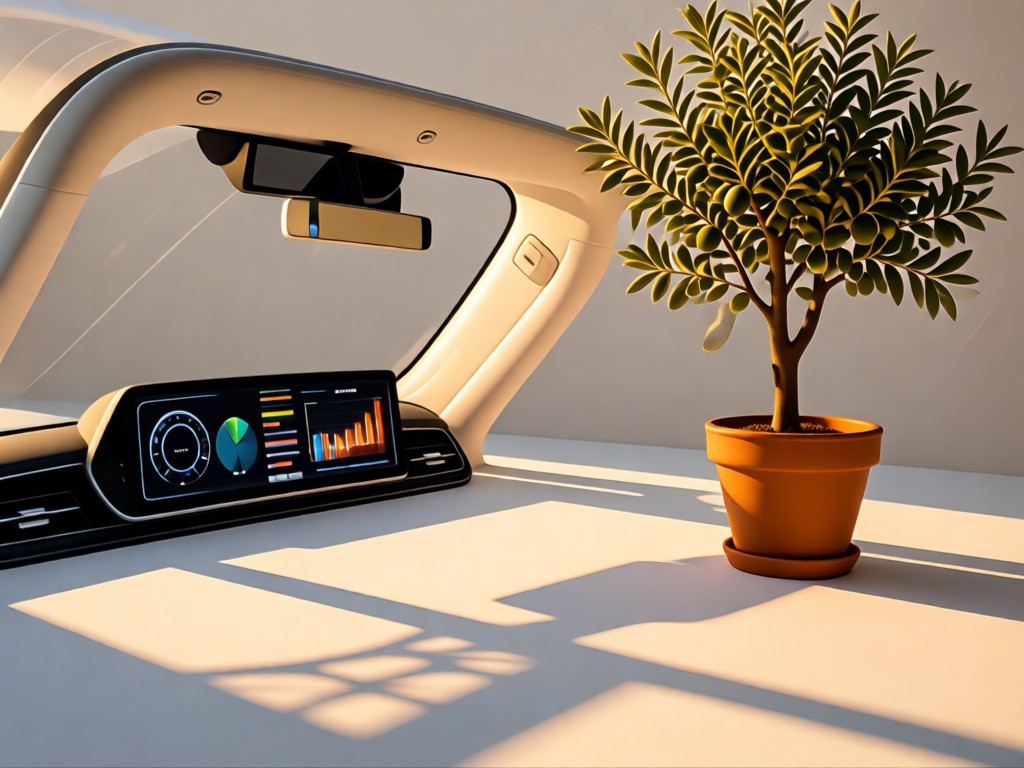 Modern dashboard charts glowing softly beside a potted olive tree. Golden hour light creates geometric shadows on a clean white surface. No people or screens visible.