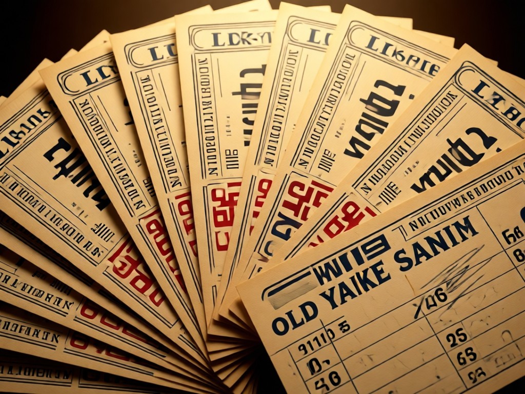 Old Yankee Stadium tickets fanned out on a scorecard with faded pencil markings. Warm light highlights the paper texture and vintage colors. No people.