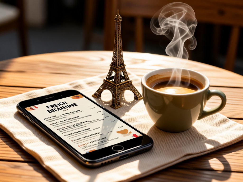 Smartphone displaying a French bistro menu beside a miniature Eiffel Tower on a linen napkin. Sunlight highlights espresso steam rising from a cup. Shallow depth of field. No people.