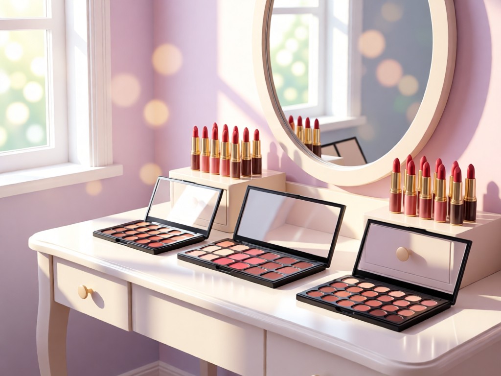 A perfectly organized vanity table with symmetrically arranged lipsticks and eyeshadow palettes. Natural light from a nearby window creates soft shadows. Pastel background with subtle bokeh effect. No people.