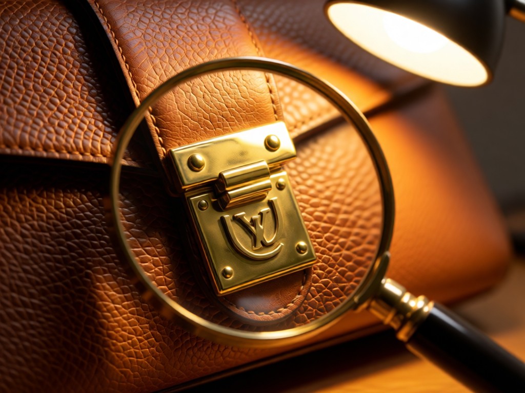Close-up of a magnifying glass over a purse's hardware logo. Shallow focus with leather texture visible. Warm desk lamp illumination. No people.