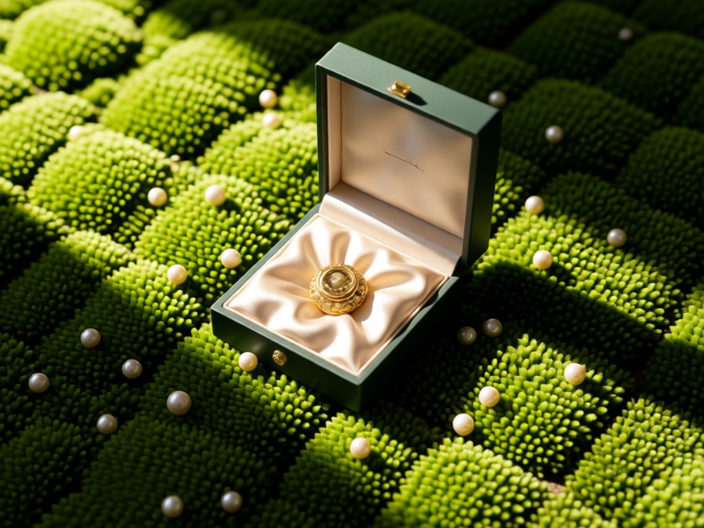 Aerial view of an open Pandora gift box centered on moss-green velvet. Sunlight highlights the satin lining and scattered pearls around it. Symbolizes precious offerings presented perfectly. Soft shadows create depth. No people.