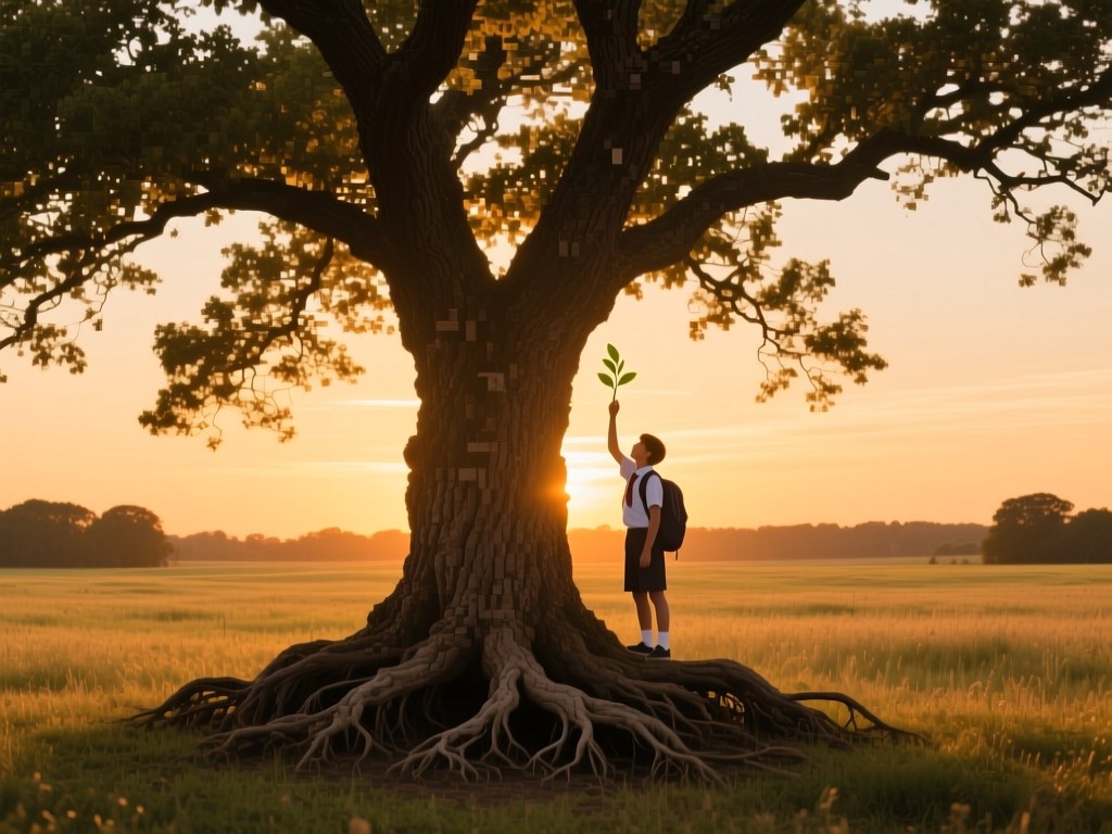A sturdy oak tree in an open field at golden hour, deep roots symbolizing educational foundation, branches reaching upward representing student growth, warm sunset tones.