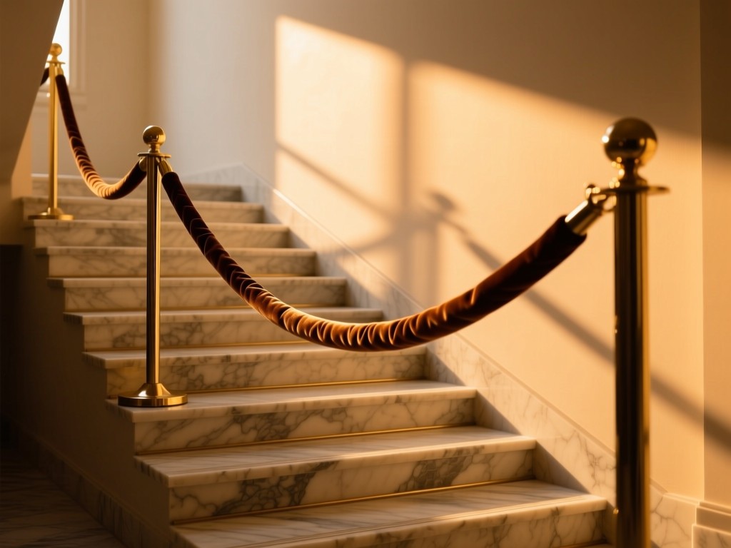 A velvet rope draped across marble stairs during golden hour, spotlight hitting empty steps, shallow depth of field, warm amber lighting casting soft shadows, minimalist luxury aesthetic.