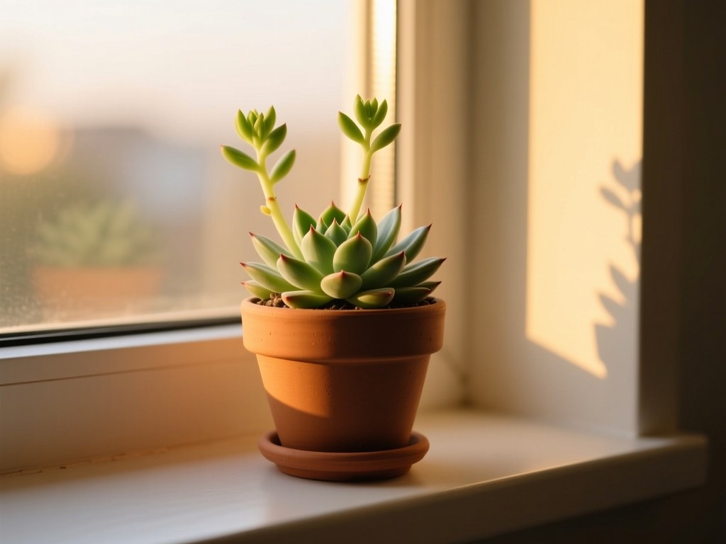 A single thriving potted succulent on a windowsill during golden hour, its new growth symbolizing community expansion, soft shadows, warm sunlight, minimalist composition, no people.
