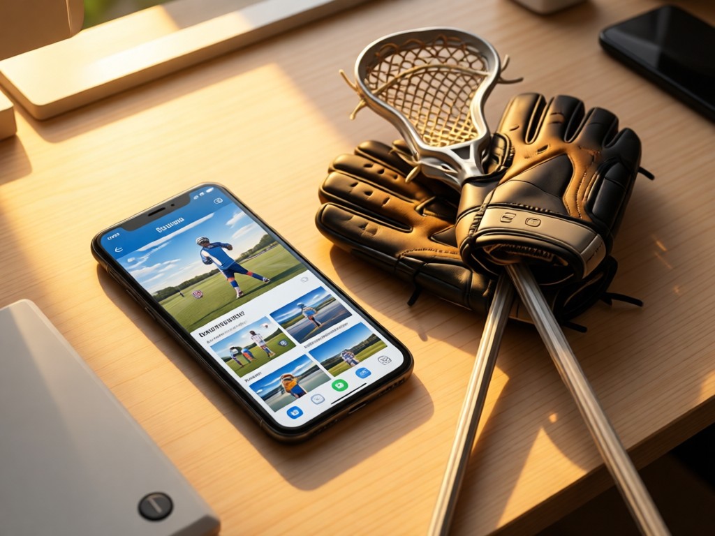 A smartphone displaying a lacrosse portfolio next to crossed gloves. Golden hour light emphasizes screen clarity. Clean desk surface background.