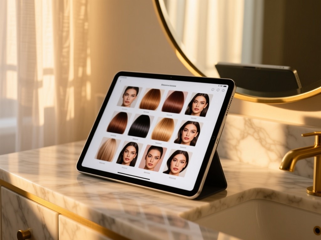A sleek tablet on a marble vanity during golden hour, screen displaying a grid of hair color swatches and makeup looks, soft sunlight filtering through sheer curtains, minimalist setup, shallow depth of field.