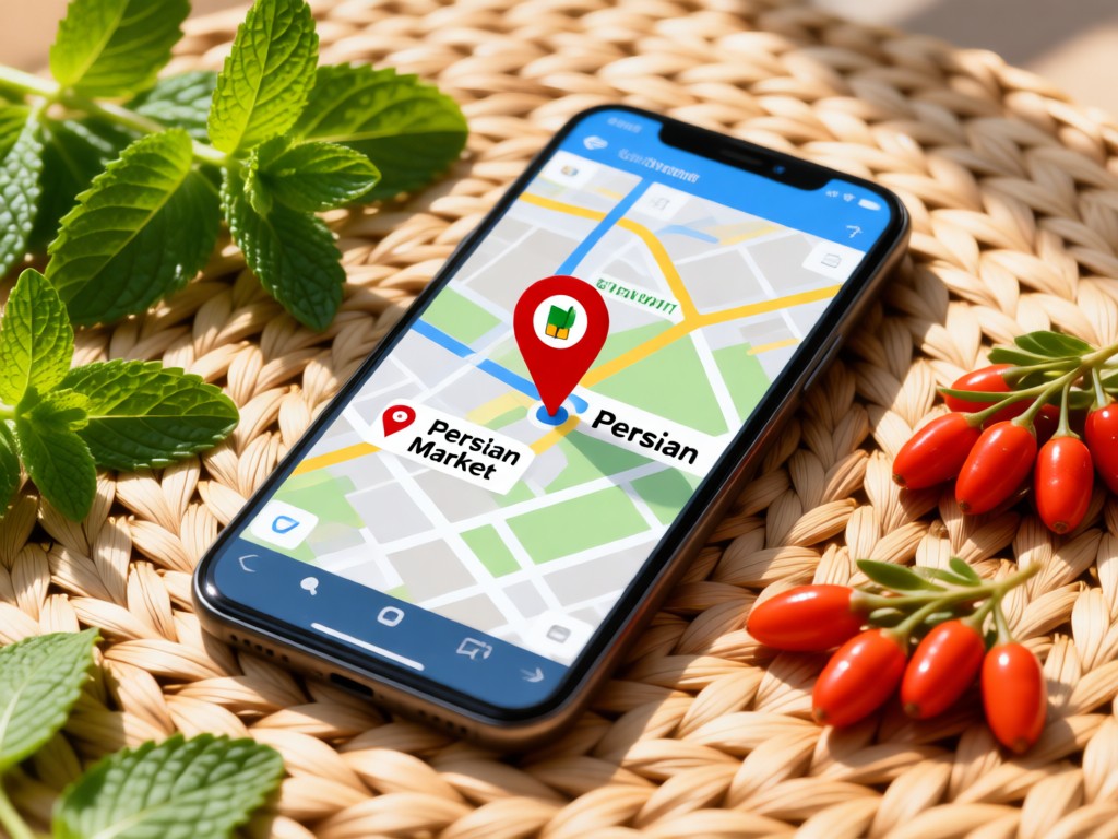Smartphone displaying map pin at 'Persian Market' location. Screen surrounded by fresh mint and barberries on woven mat. Natural sunlight. No people.