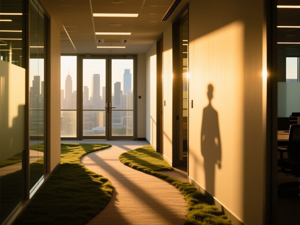 A winding path through sunlit office corridors during golden hour, leading to glass doors with city skyline views, soft shadows symbolizing career progression, warm natural lighting, no human figures.